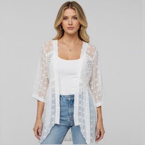 White Swiss Dot Open Front Asymmetrical Hem Shirt